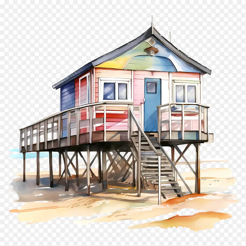 海滩小屋-海滩小屋海滨别墅多彩水彩建筑