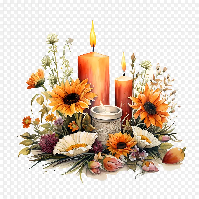 万灵节-万灵节向日葵蜡烛花瓶插花
