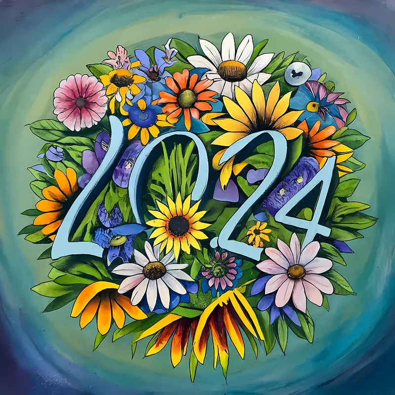 2024年新年快乐-2024年新年快乐花卉水彩明亮多彩
