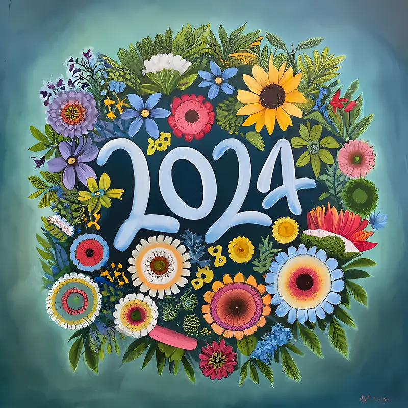 2024年新年快乐-2024年新年快乐鲜花花环复古