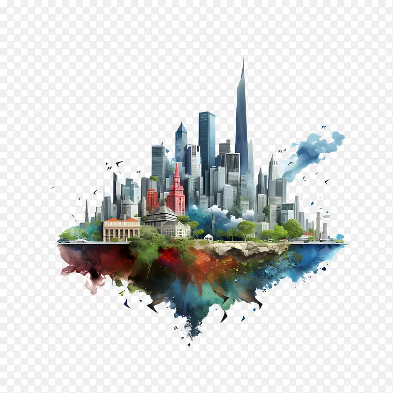 世界城市化日-世界城市化日天际线建筑水彩城市
