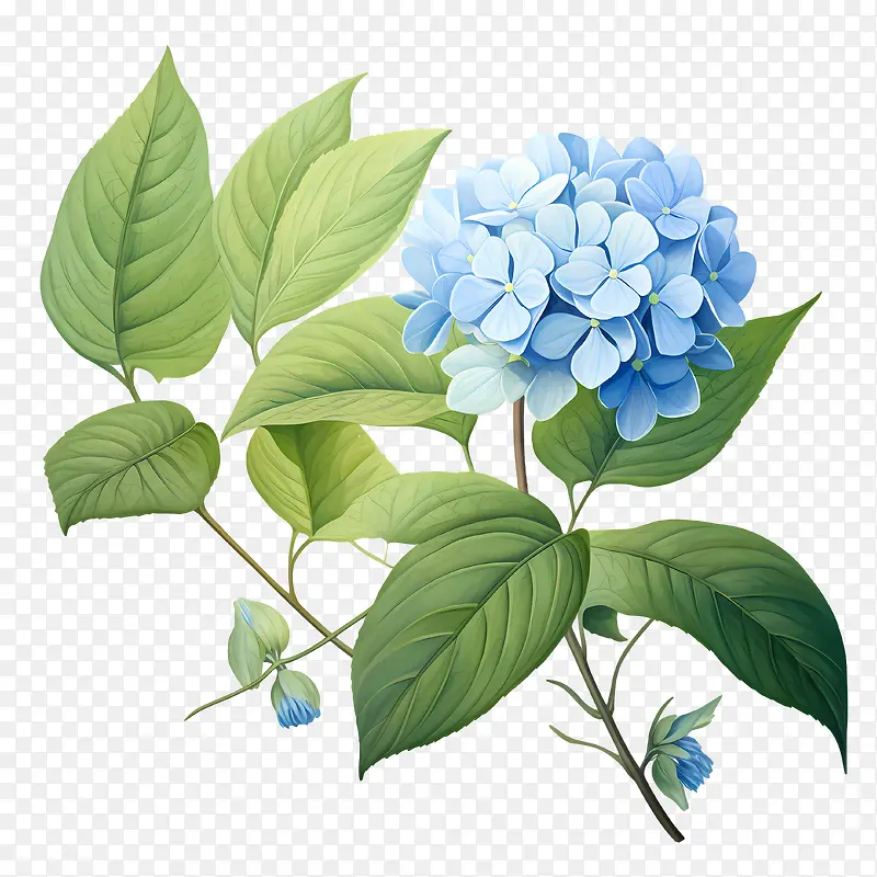 绣球花-绣球花木槿花绿叶蓝色的花朵