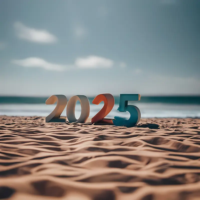 2025年新年快乐-2025年新年快乐2025年艺术字海滩沙蓝天