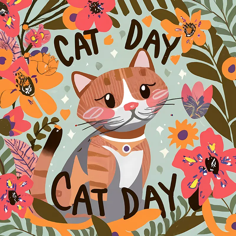 全球猫日-全球猫日猫日猫可爱花卉