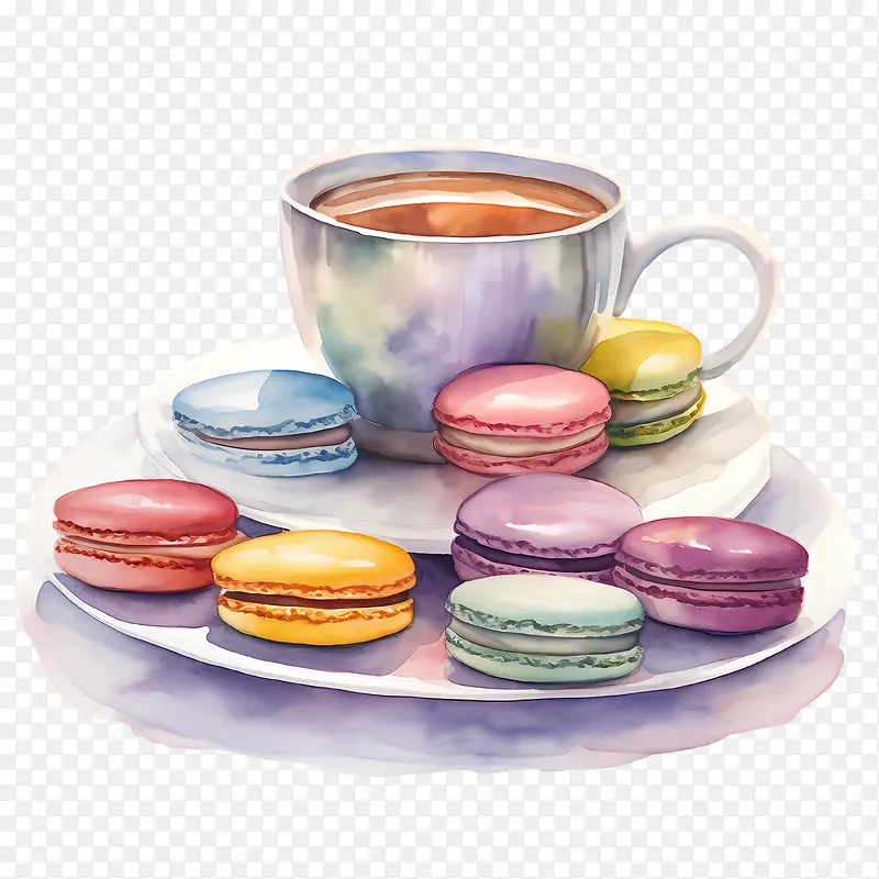 马卡龙日-马卡龙日水彩插图法式马卡龙茶杯和茶碟片状糕点