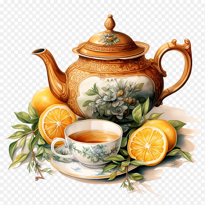 国际茶日-国际茶日茶壶茶杯橙子柠檬