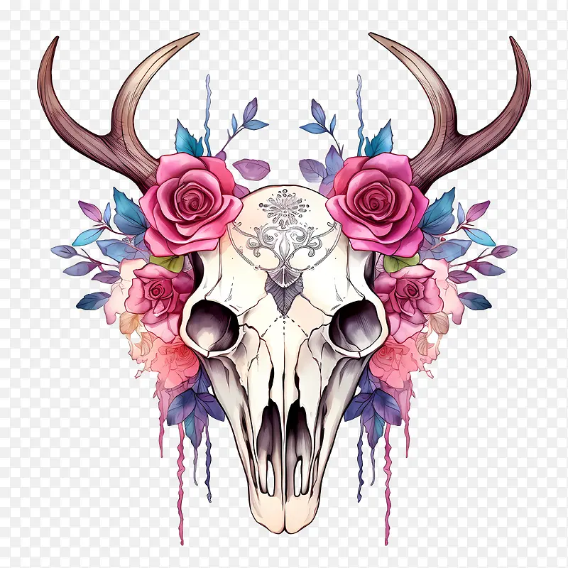鹿头骨-鹿头骨头骨鹿花水彩