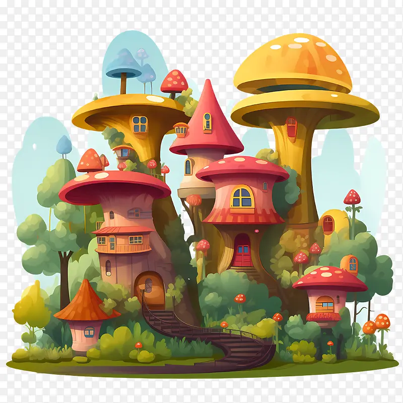 蘑菇屋-蘑菇屋蘑菇屋童话插画奇幻风景异想天开的建筑
