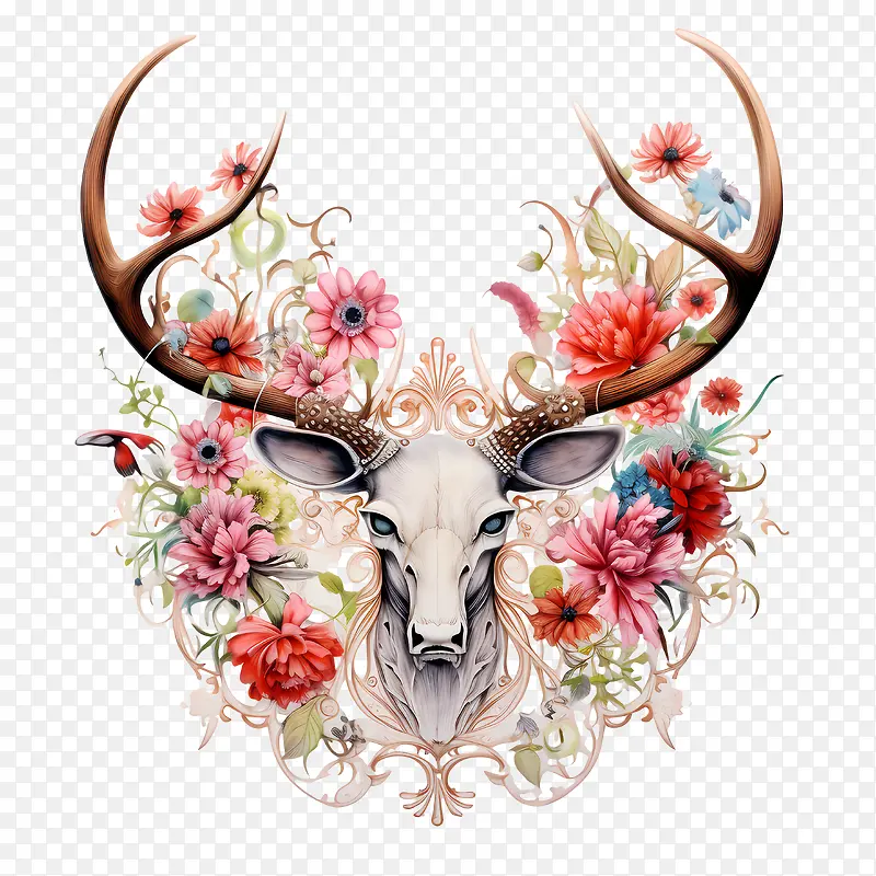 鹿角和花朵-鹿角和花朵鹿头花冠角鹿角