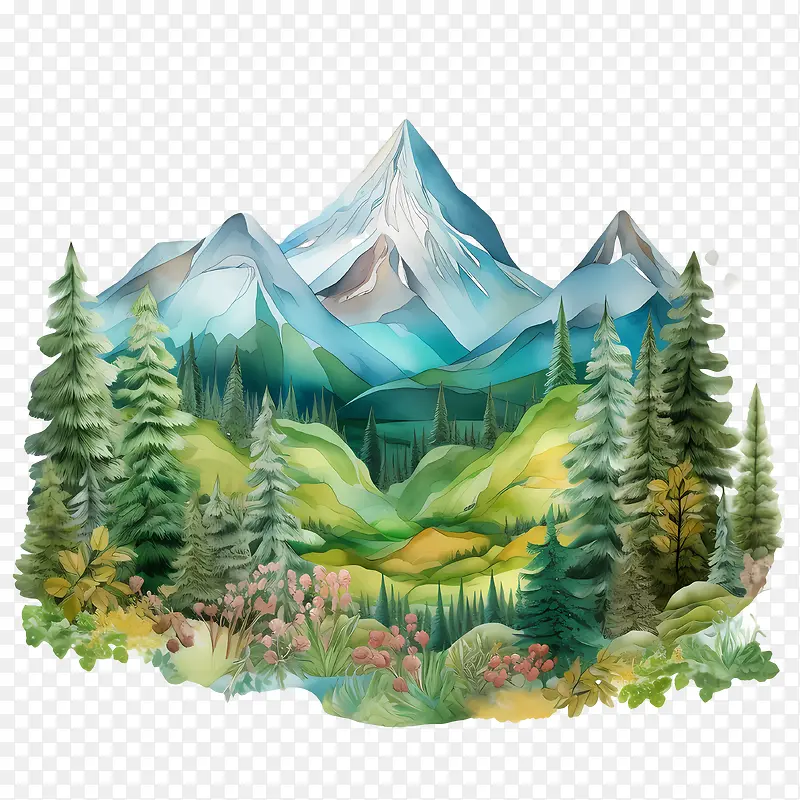 山林-山林山风景水彩森林