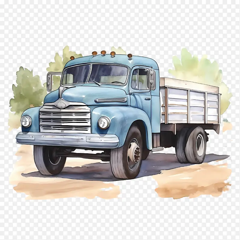 老式卡车-老式卡车卡车蓝色水彩复古