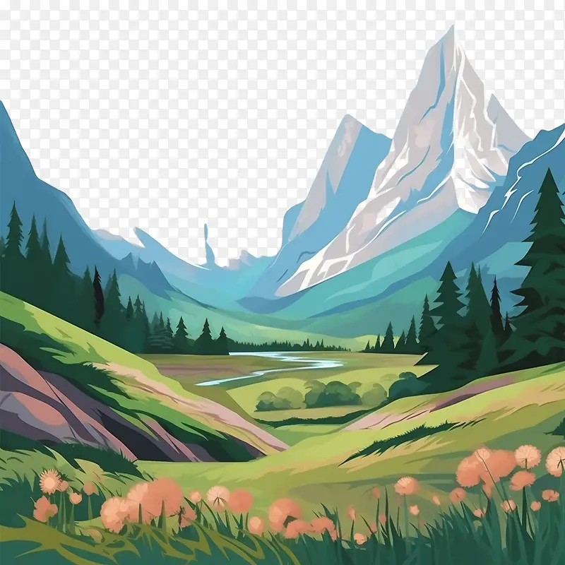 山地森林-山地森林山绿色草地山谷树木