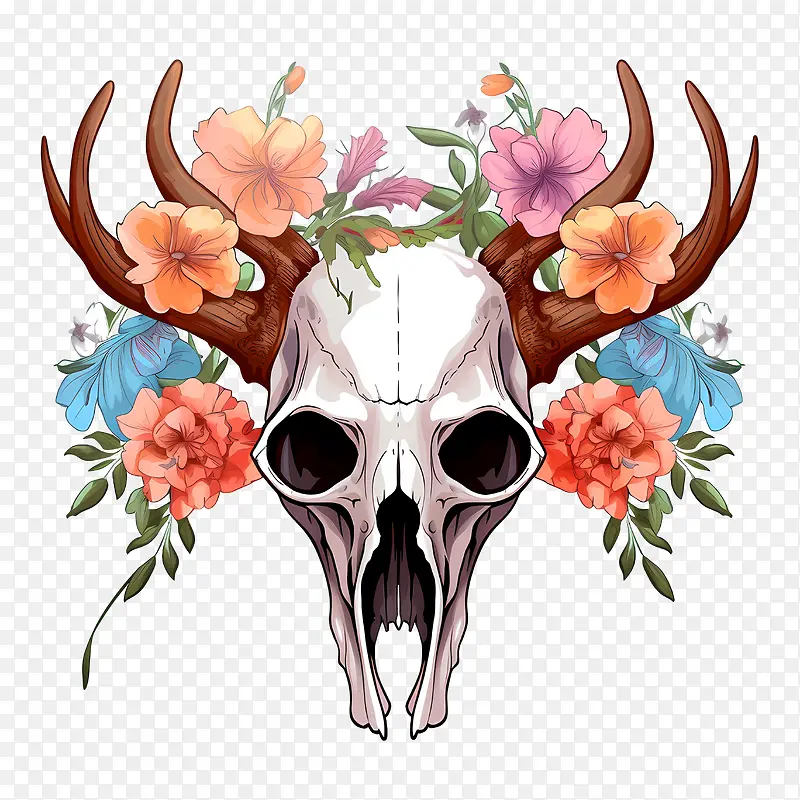 鹿头骨-鹿头骨头骨鹿角鲜花鹿头