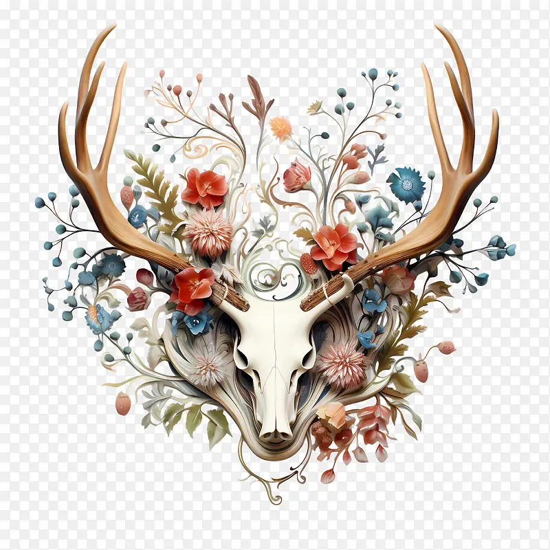 鹿角和花朵-鹿角和花朵鹿头鹿角插花头骨