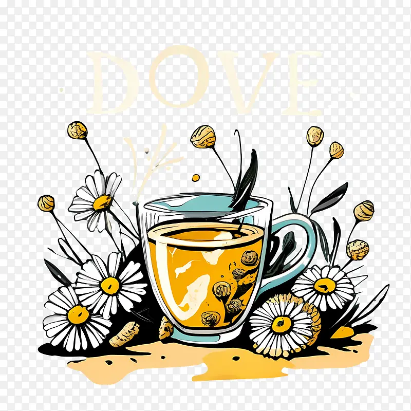 洋甘菊茶-洋甘菊茶花草茶可爱插画复古插画天然茶