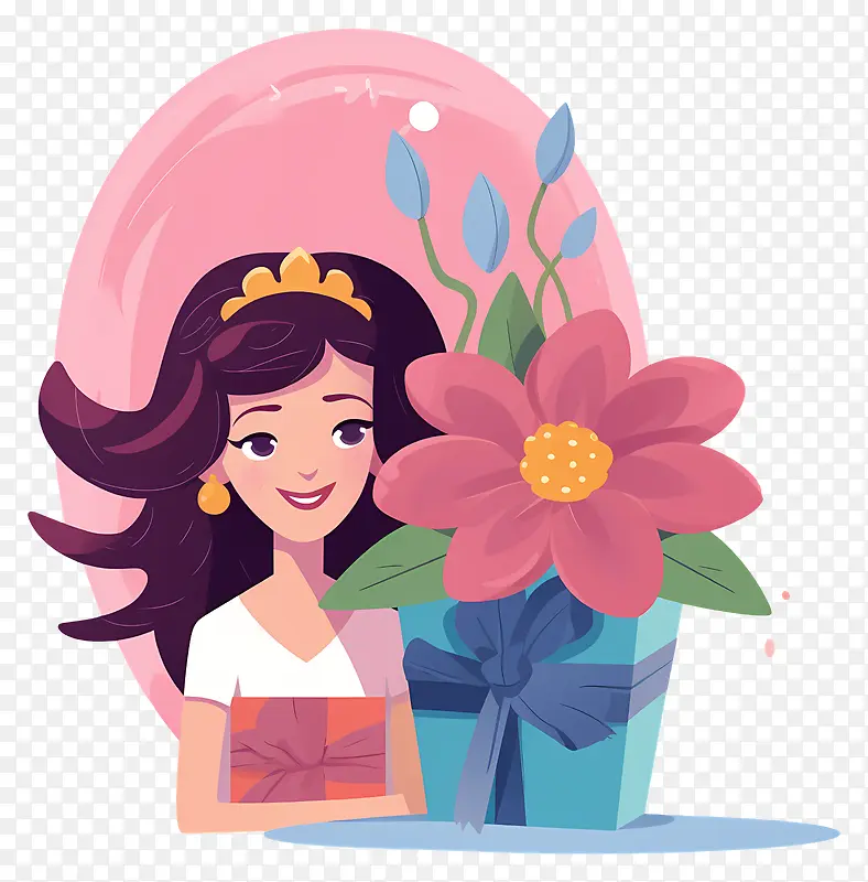 女人-穿着粉红色连衣裙,拿着花盆的粉红色花朵的女人