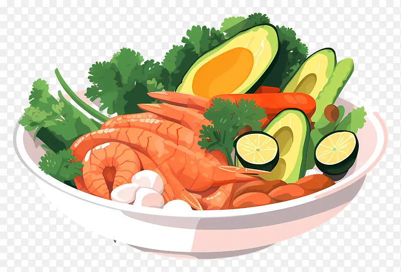 一碗食物—色彩缤纷,开胃的食物图像,包括虾,鳄梨,黄瓜,胡萝卜和柠檬