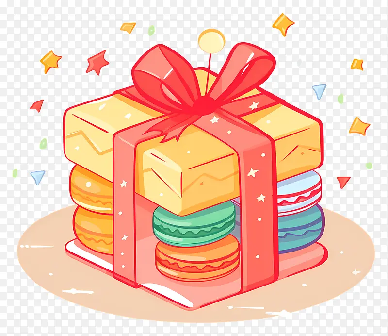 生日蛋糕-彩色生日蛋糕,白色背景上有马卡龙和五彩纸屑