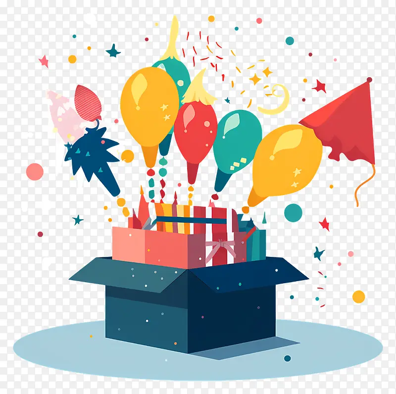 生日盒—带有五彩纸屑和气球的生日盒的明亮,欢快的图像