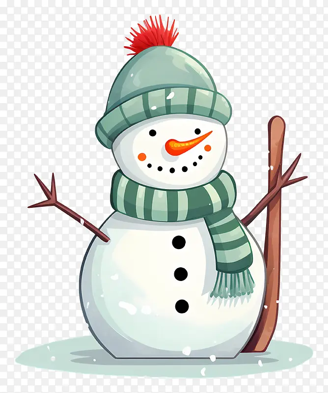 雪人-戴着绿色围巾和帽子的快乐雪人