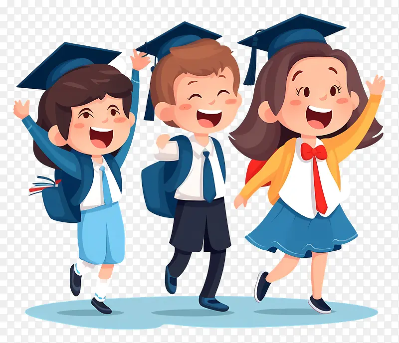 毕业—两个穿着毕业礼服的快乐卡通学生庆祝他们的成就