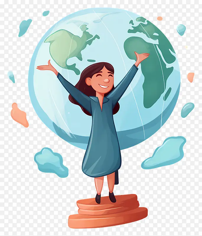 幸福—地球上的卡通女人散发着幸福,激发了成功的希望