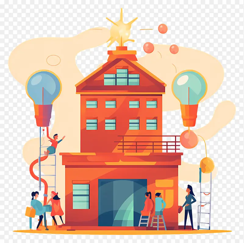 建筑-红色屋顶和蓝色墙壁的建筑图像,人们绘画