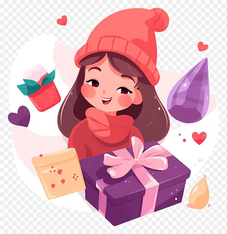 女人—戴红帽子和围巾的女人拿着心形礼品盒