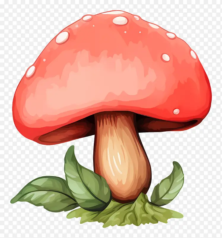 红蘑菇-湿叶子上有水滴的红蘑菇