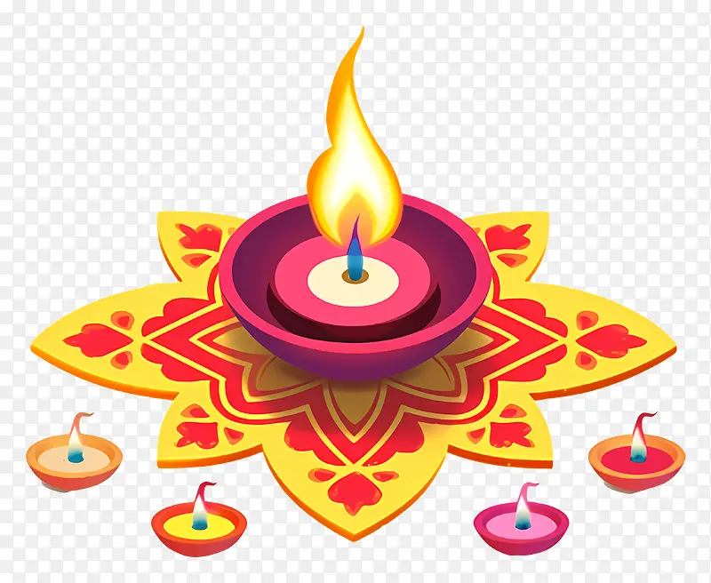 diya—色彩缤纷的diya周围环绕着黑色背景的小蜡烛,快乐