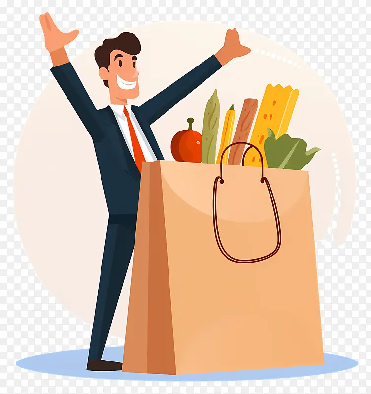 卡通人-卡通人兴奋地站在装满食物的购物袋上