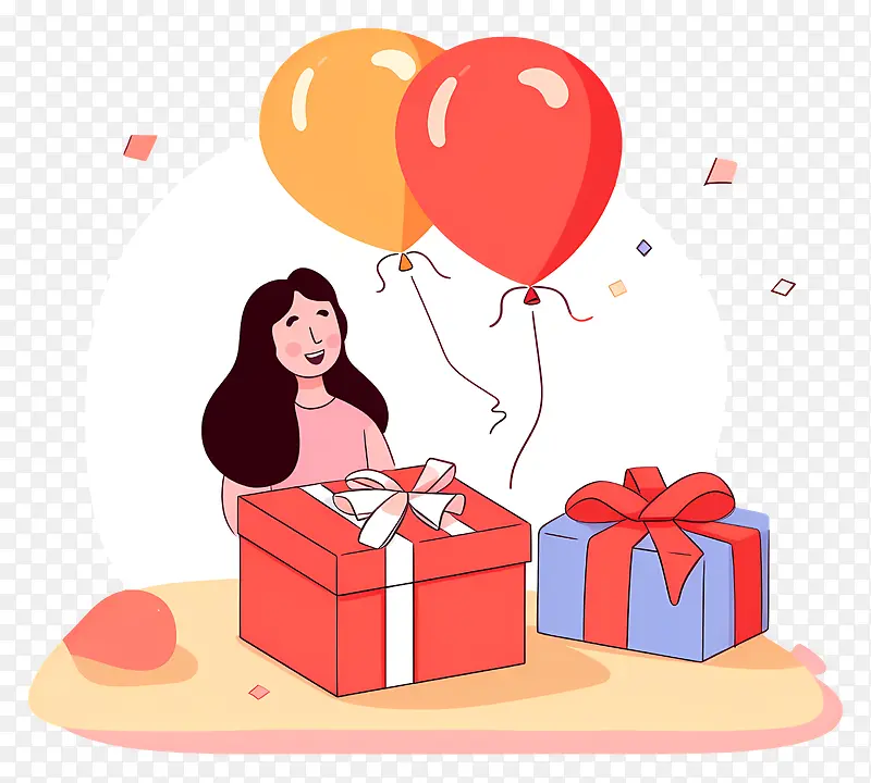 生日庆祝活动—一个快乐的女人用礼物和气球庆祝她的生日