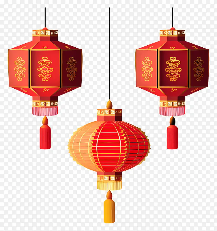 中国灯笼-三个设计复杂的红色中国灯笼