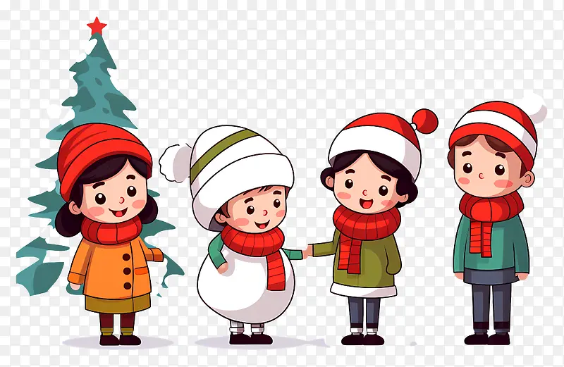 冬季服装-孩子们在白雪皑皑的森林里玩雪人
