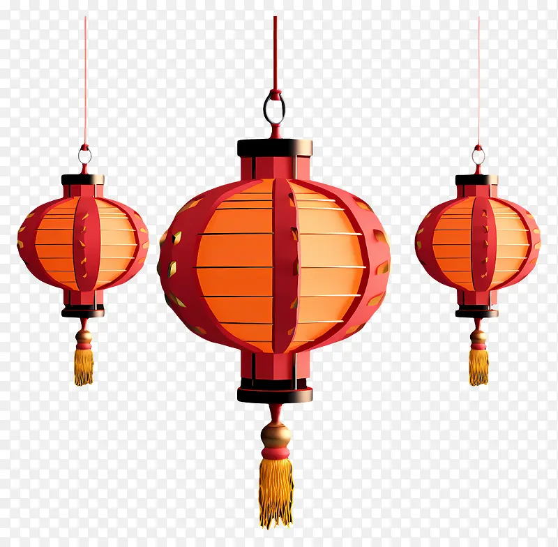 红灯笼-三个挂有金色装饰的红灯笼