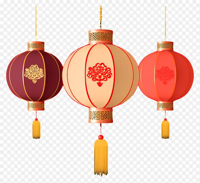 中国灯笼-三个红色和金色的中国灯笼悬挂