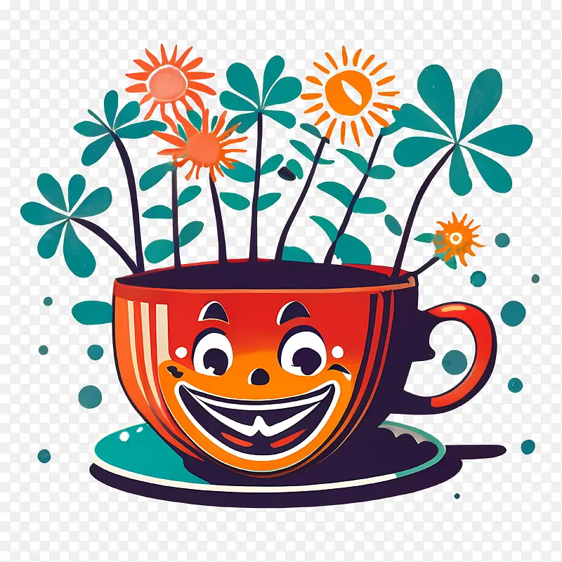 卡通咖啡杯-卡通咖啡杯红杯鲜花笑脸美丽