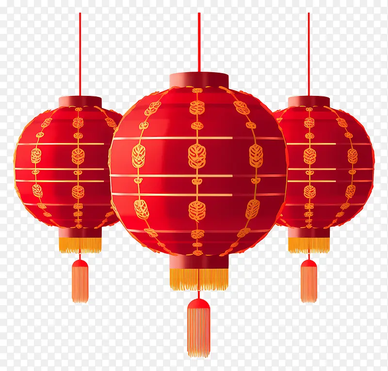 中国灯笼-红色中国灯笼,金色图案,悬挂在半空中