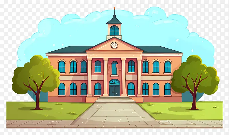 砖砌建筑—具有高柱和尖塔的传统大学建筑卡通
