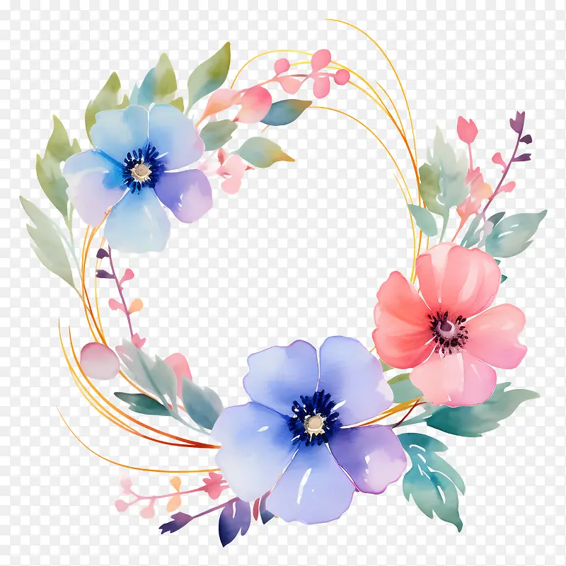 水彩插图-水彩花环与粉红色和白色的玫瑰