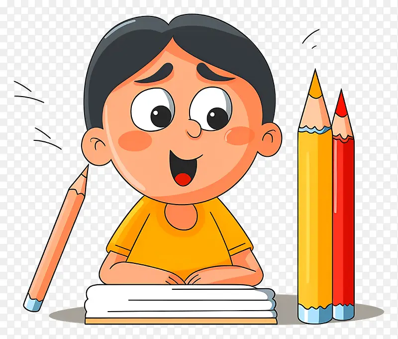 孩子学习—小男孩坐在书桌前,表情惊讶,周围都是学习用品
