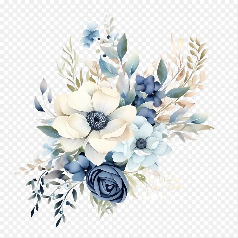 婚礼花艺-婚礼花艺蓝色花朵白色花朵绿叶黑色背景