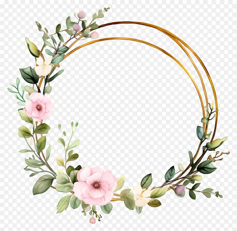 圆形花环-带叶子,花朵和绿叶的金色花环