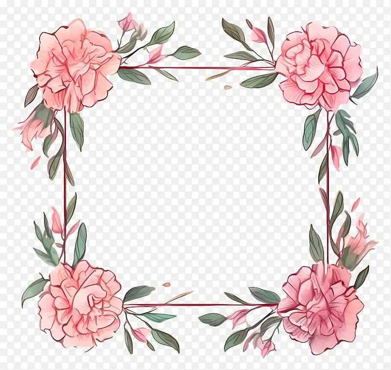 花框-方形花框,粉红色和绿色的花朵
