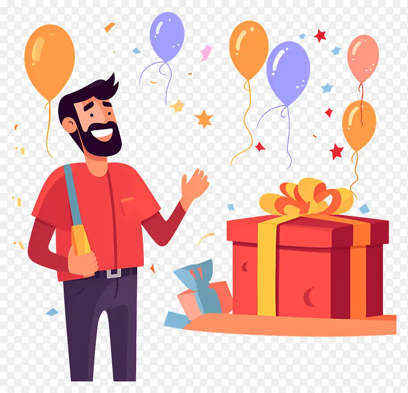 礼品盒—男人收到被气球包围的礼物并庆祝人们
