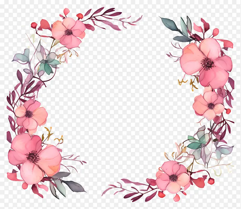水彩画-粉红色和紫色花朵的水彩花环
