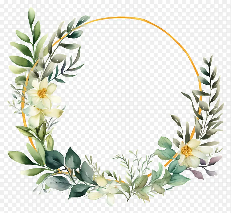 水彩画-充满活力的水彩花环,鲜花和金色