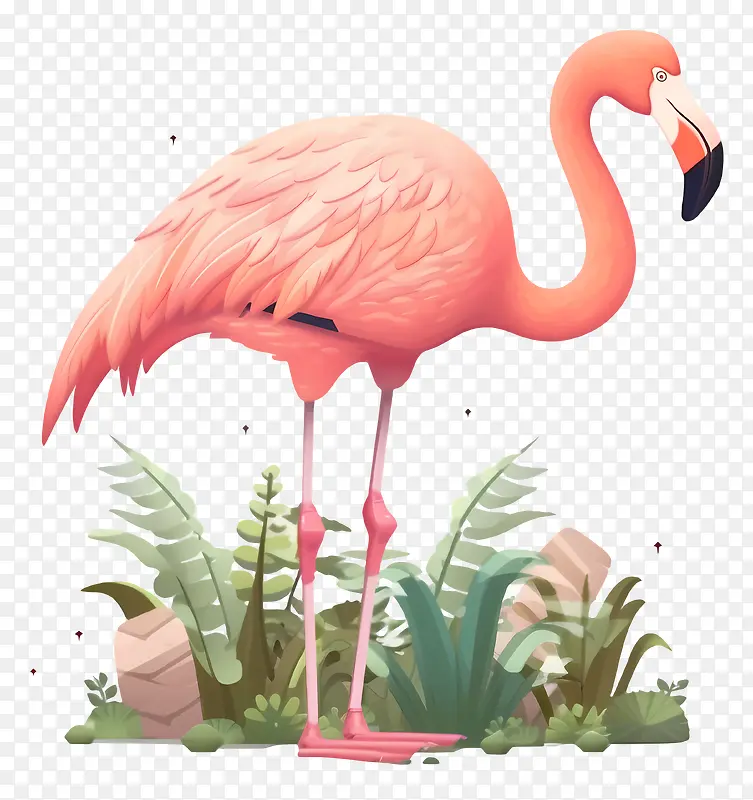 粉红色的火烈鸟—粉红色的火烈鸟站在绿色植物,天空背景中