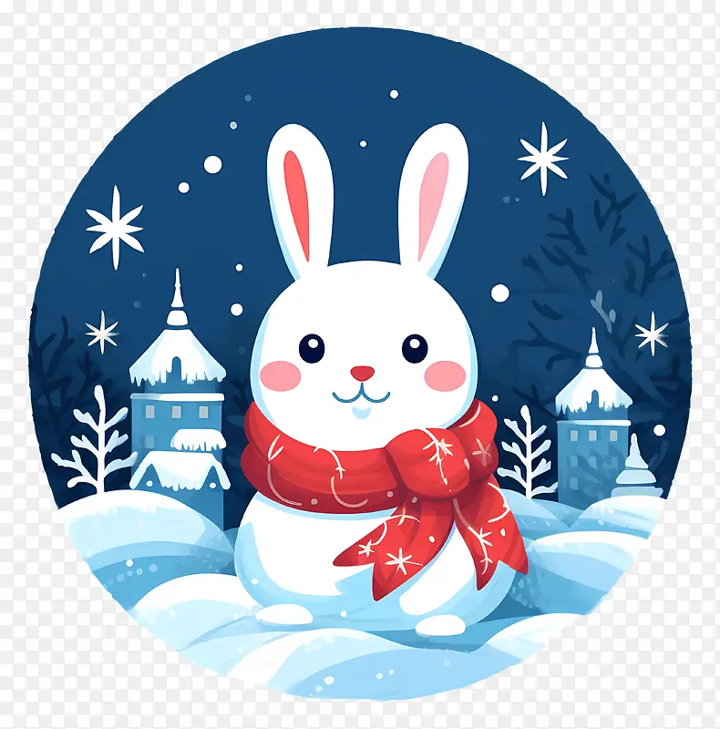 兔子-白雪皑皑的圣诞小镇里戴着红围巾的白色兔子