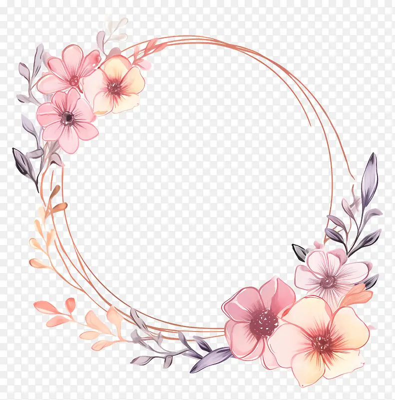 圆形花环-带有粉色/紫色花朵和金色边框的圆形花环